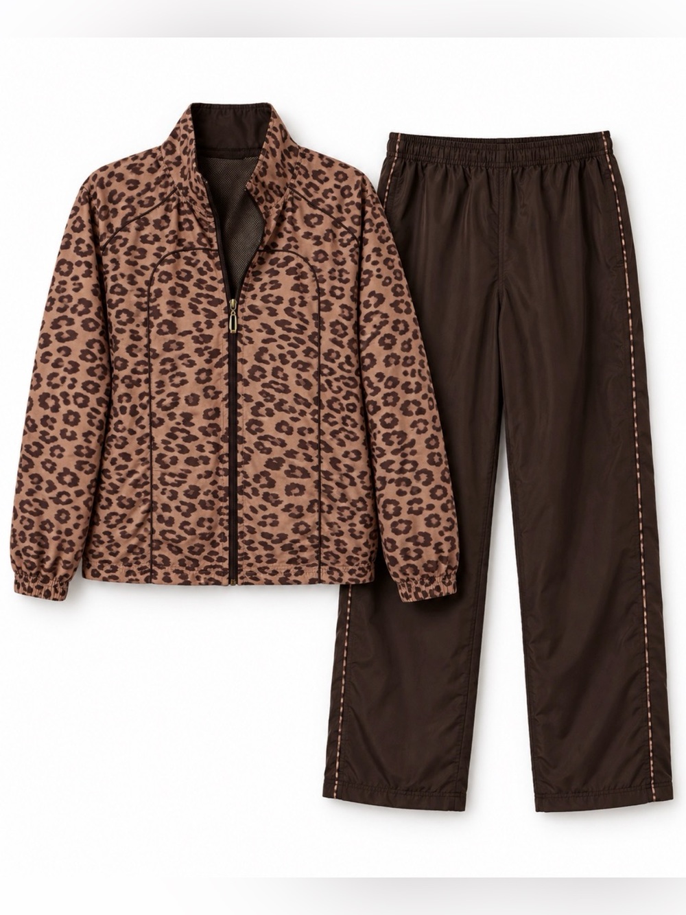 Activology Leopard Animal Print Tracksuit Set L Brown Zip Jacket Pants
